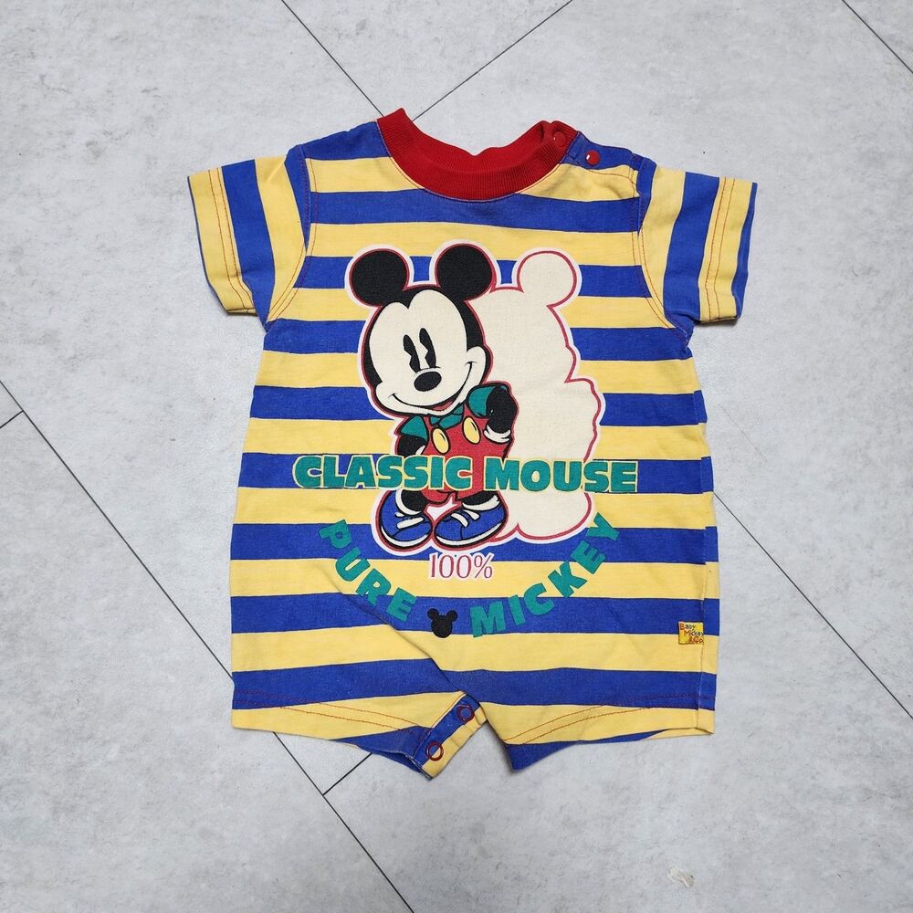 Vintage Mickey & Co. Mickey Mouse Disney Romper Red Blue Yellow Cotton Stripe